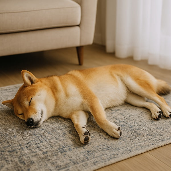 Shiba nukkuu olohuoneen matolla